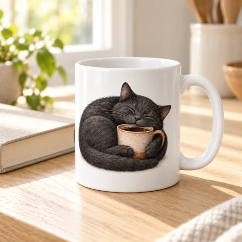 Coffee Cat Ceramic Mug — lifestyle design mockup