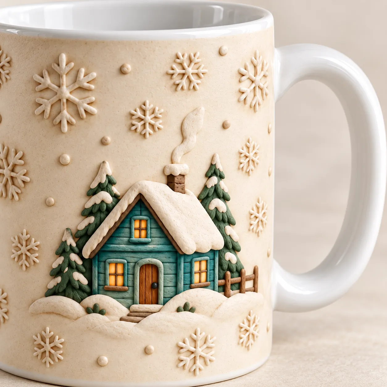 Winter Cabin Ceramic Mug — detail design mockup