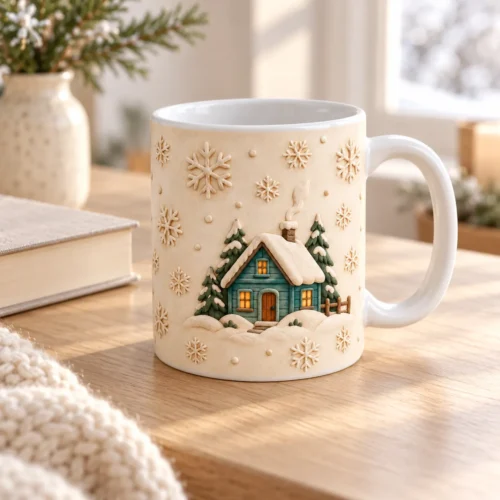 Winter Cabin Ceramic Mug — lifestyle design mockup