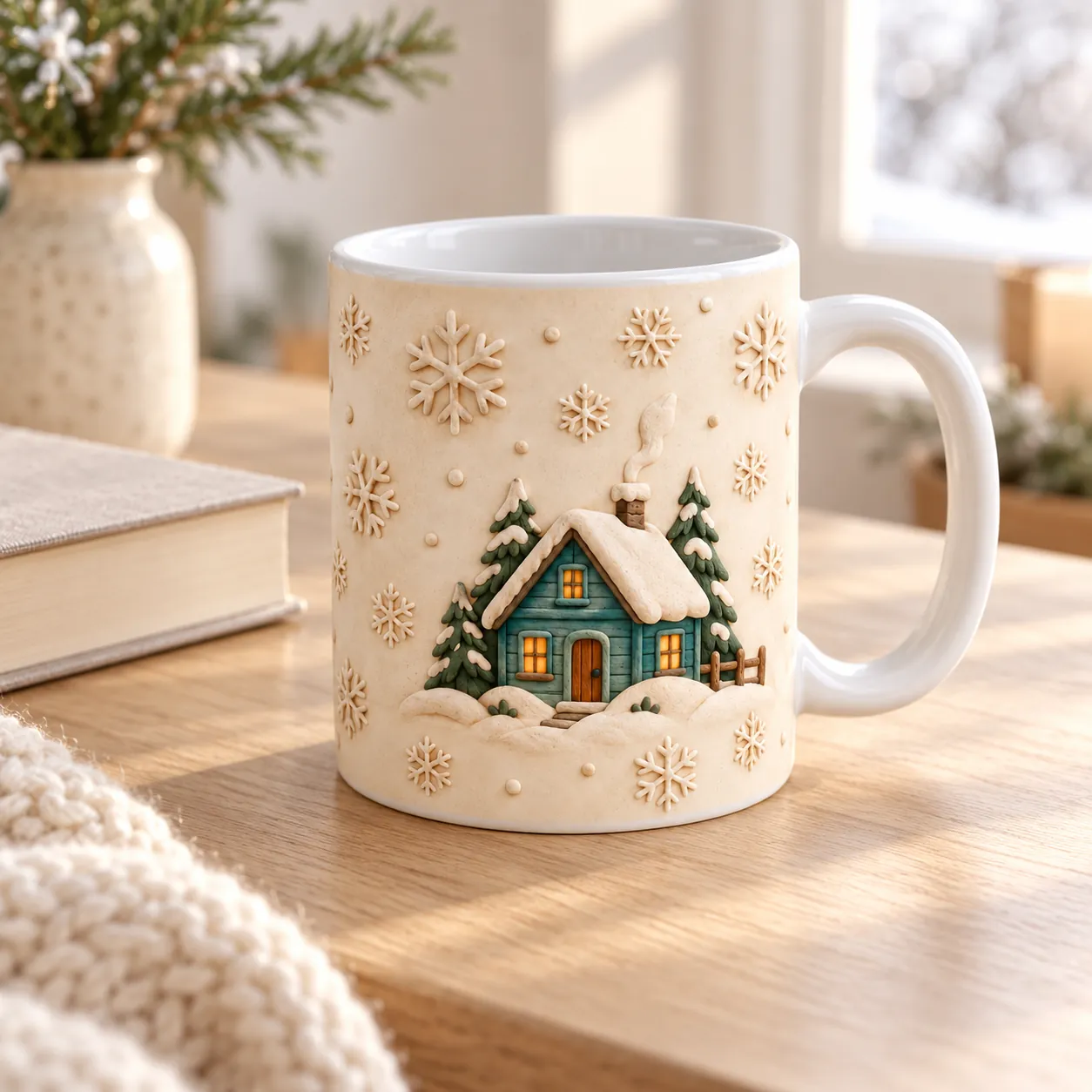 Winter Cabin Ceramic Mug — lifestyle design mockup