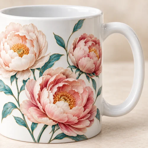 Peony Morning Ceramic Mug — detail design mockup