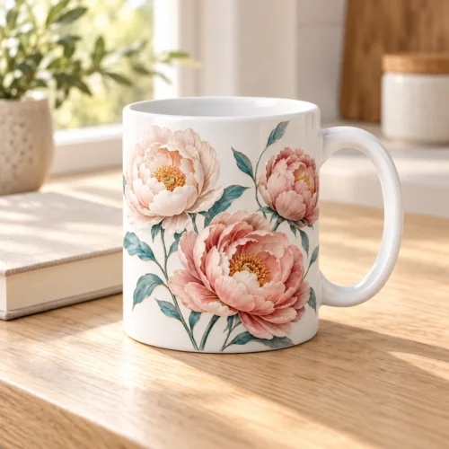 Peony Morning Ceramic Mug — lifestyle design mockup