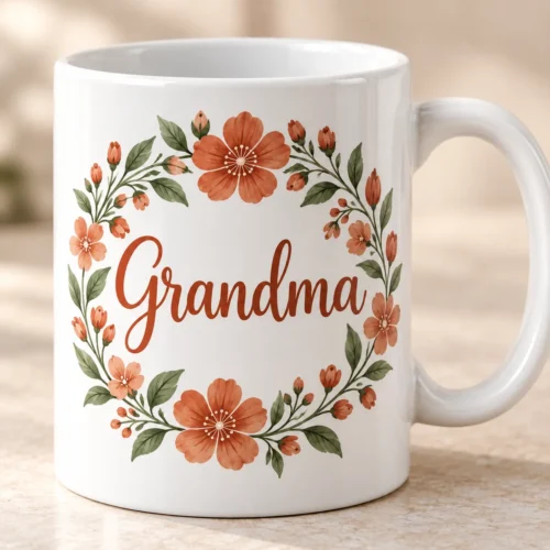 Grandma Petals Ceramic Mug — detail design mockup