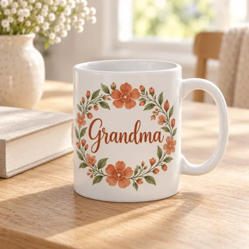 Grandma Petals Ceramic Mug — lifestyle design mockup