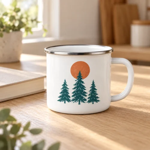 Camp Pines Enamel Camp Mug — lifestyle design mockup