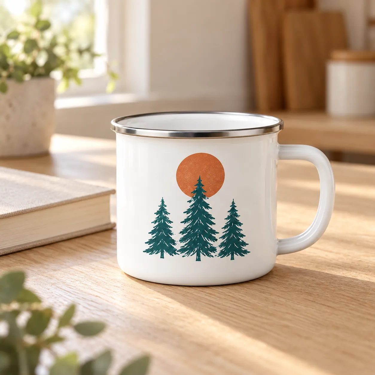 Camp Pines Enamel Camp Mug — lifestyle design mockup