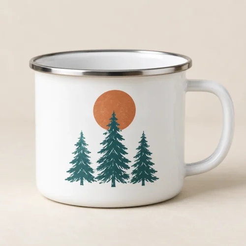 Camp Pines Enamel Camp Mug — main design mockup