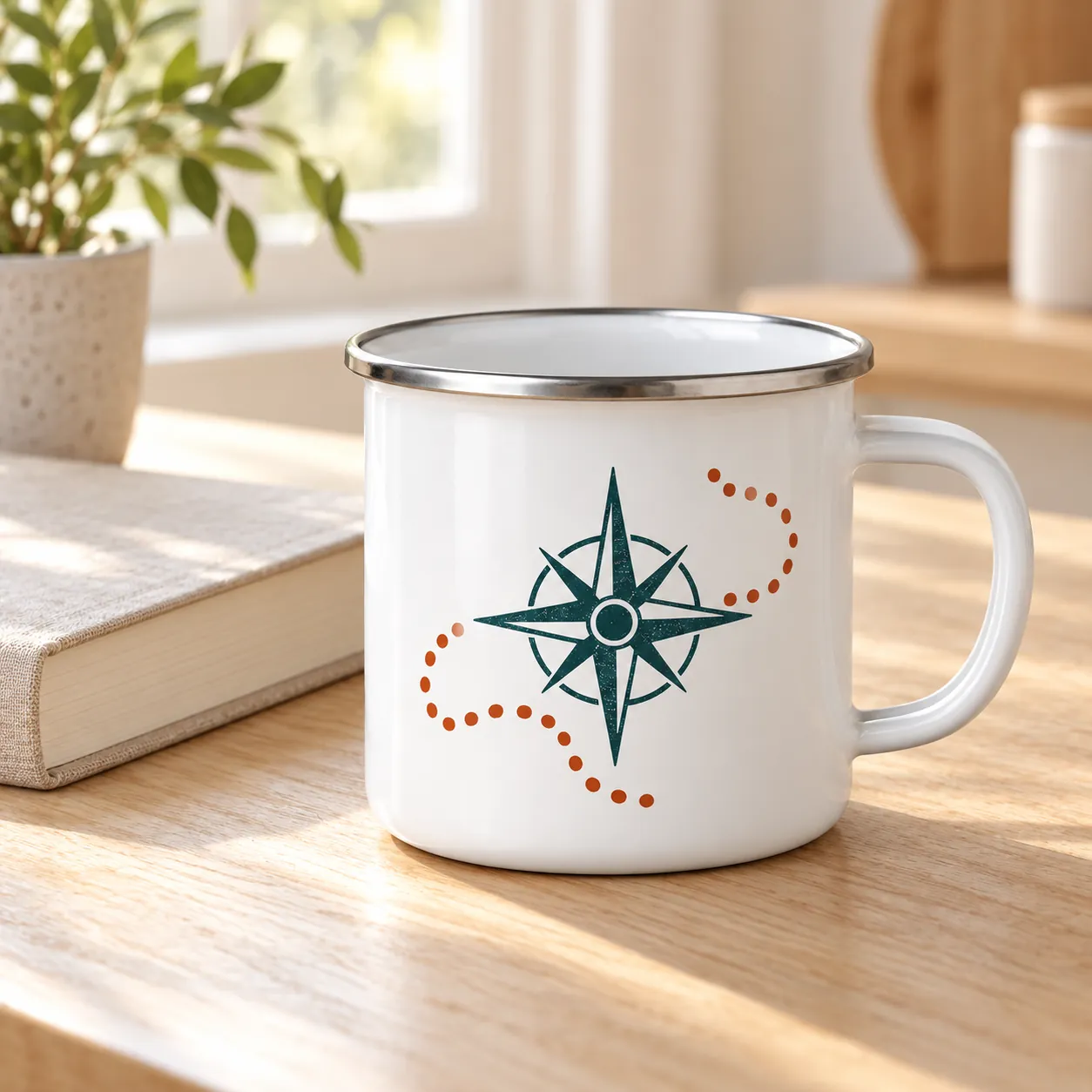 Trail Compass Enamel Camp Mug — lifestyle design mockup