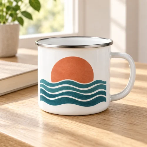 Lake Pause Enamel Camp Mug — lifestyle design mockup